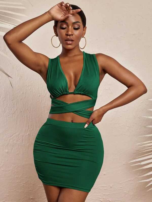 Criss-cross Slim Fitted Crop Tank Top & Skirt Set main image 1