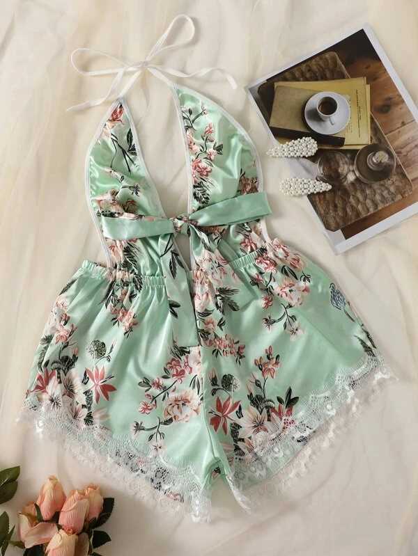 Lace Trim Satin Romper Bodysuit