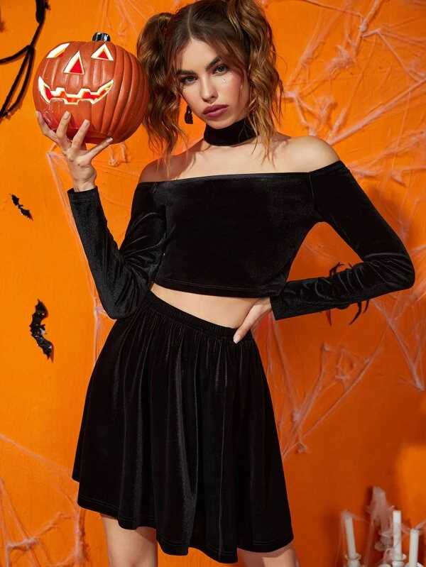 Velvet Crop Tee, Skirt and Choker