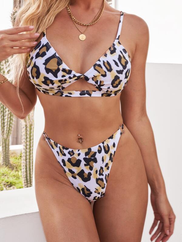 Leopard Twist Front Thong Bikini Swimsuit
