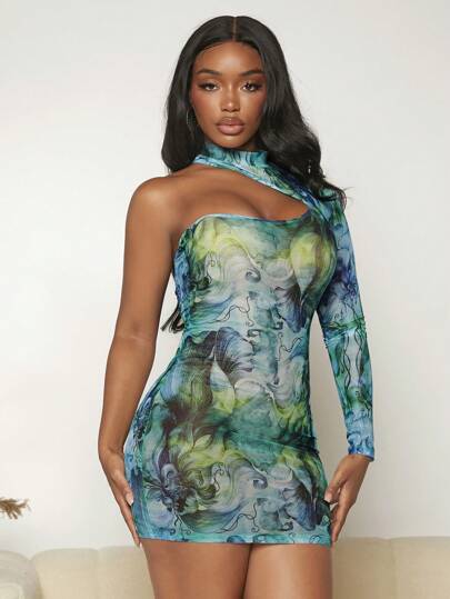 Cut Out Neck Mesh Bodycon Dress