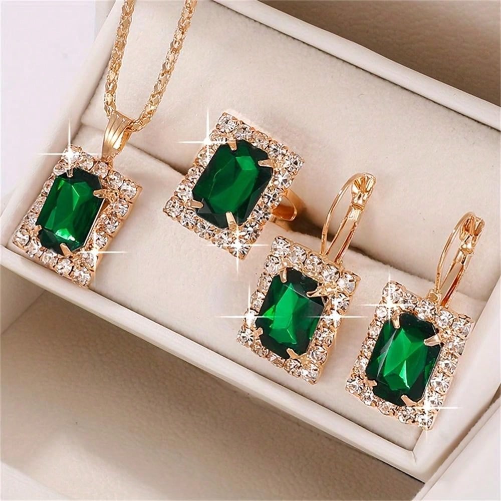 Diamond Zirconia Square Charm Necklace Earrings Ring Set