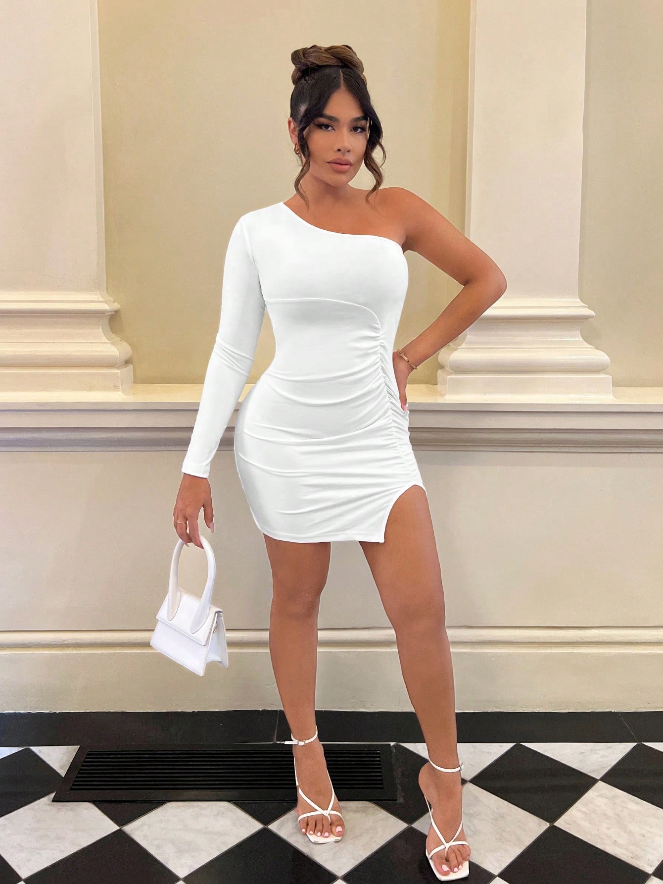 One Shoulder Ruched Split Hem Bodycon Dress