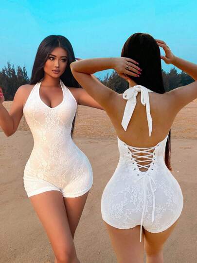 Halter Neck Eyelet Tie Back Close-Fitting Romper Unitard