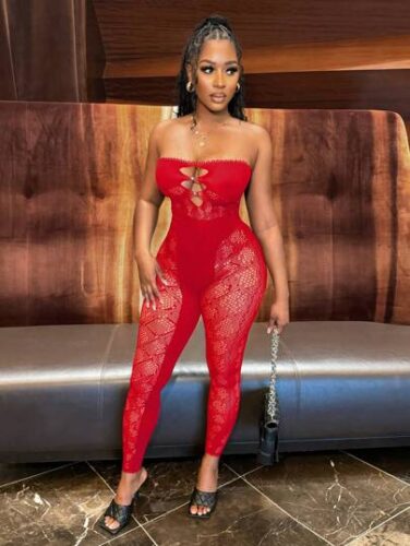 Hollow Out Tube Top See-Through Sexy Bodycon Jumpsuit