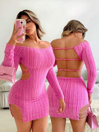 Foxxy Women's Solid Knit Color Off-Shoulder Hollow-Out Mini Dress