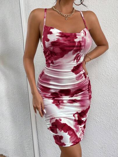 Tie Dye Crisscross Tie Backless Ruched Cami Dress