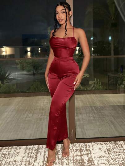 Draped Collar Lace Up Backless Satin Cami Jumpsuit