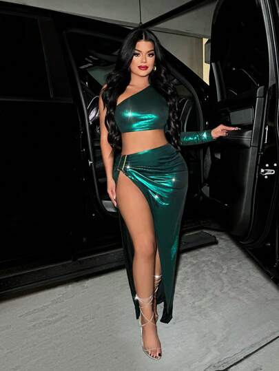 High Slit Sexy New Year Crop Top & Skirt 2-Piece